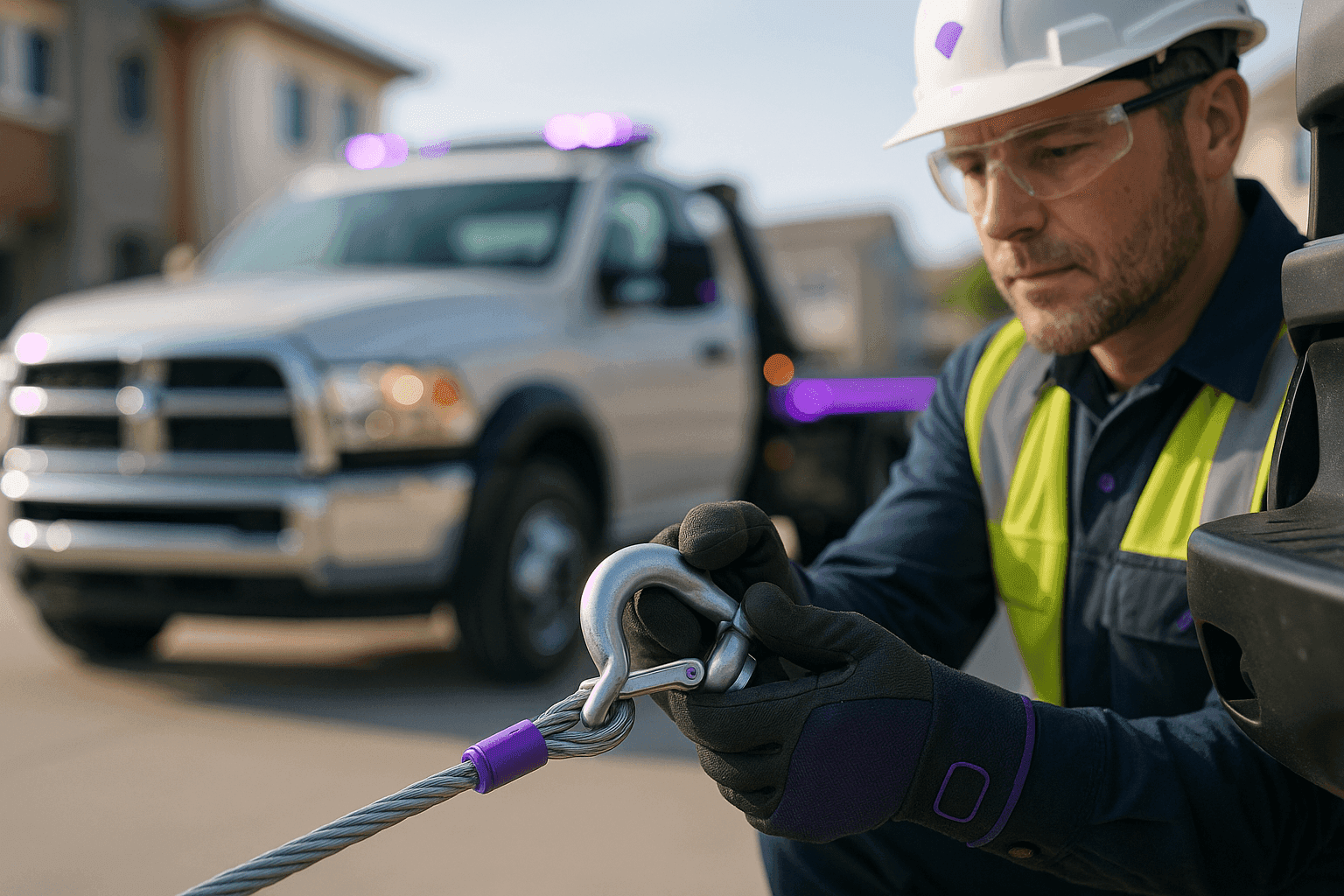 Tow truck worker in safety gear attaching tow cable to vehicle hitch at clean job site in Ransom