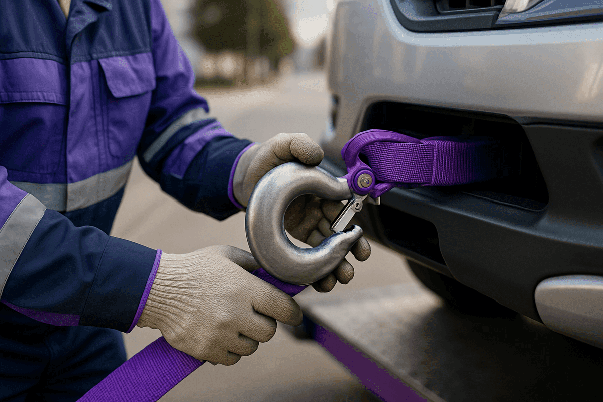 Technician in safety gloves securing tow hook to vehicle frame in urban roadside setting in Ransom