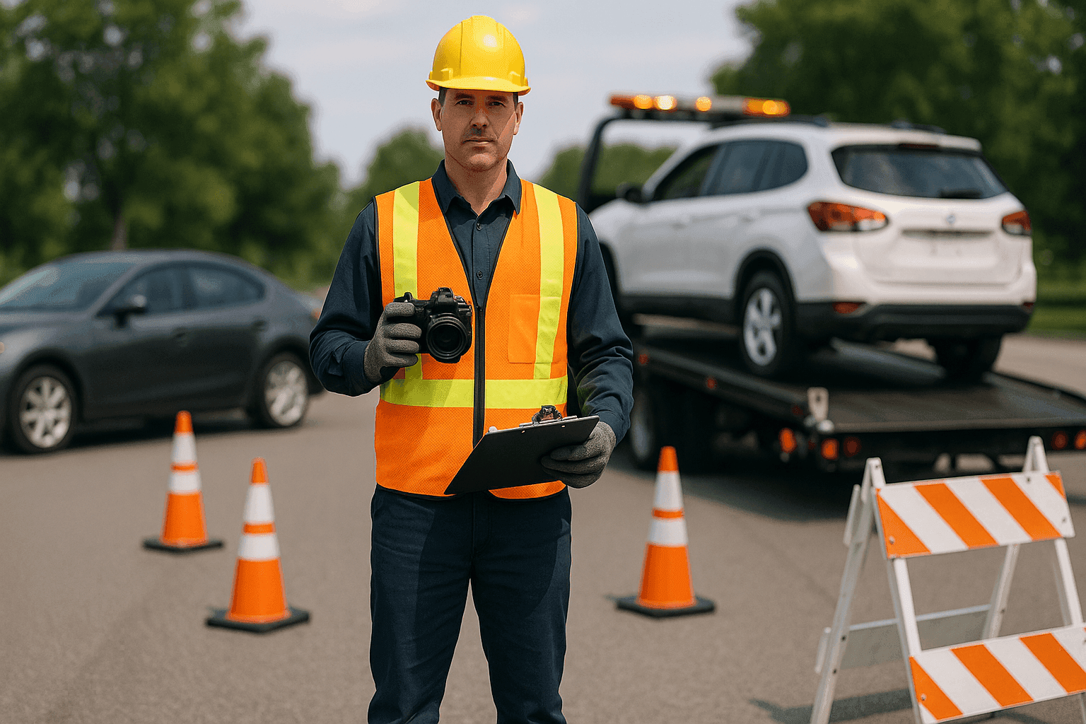 Technician documenting accident scene with camera and forms