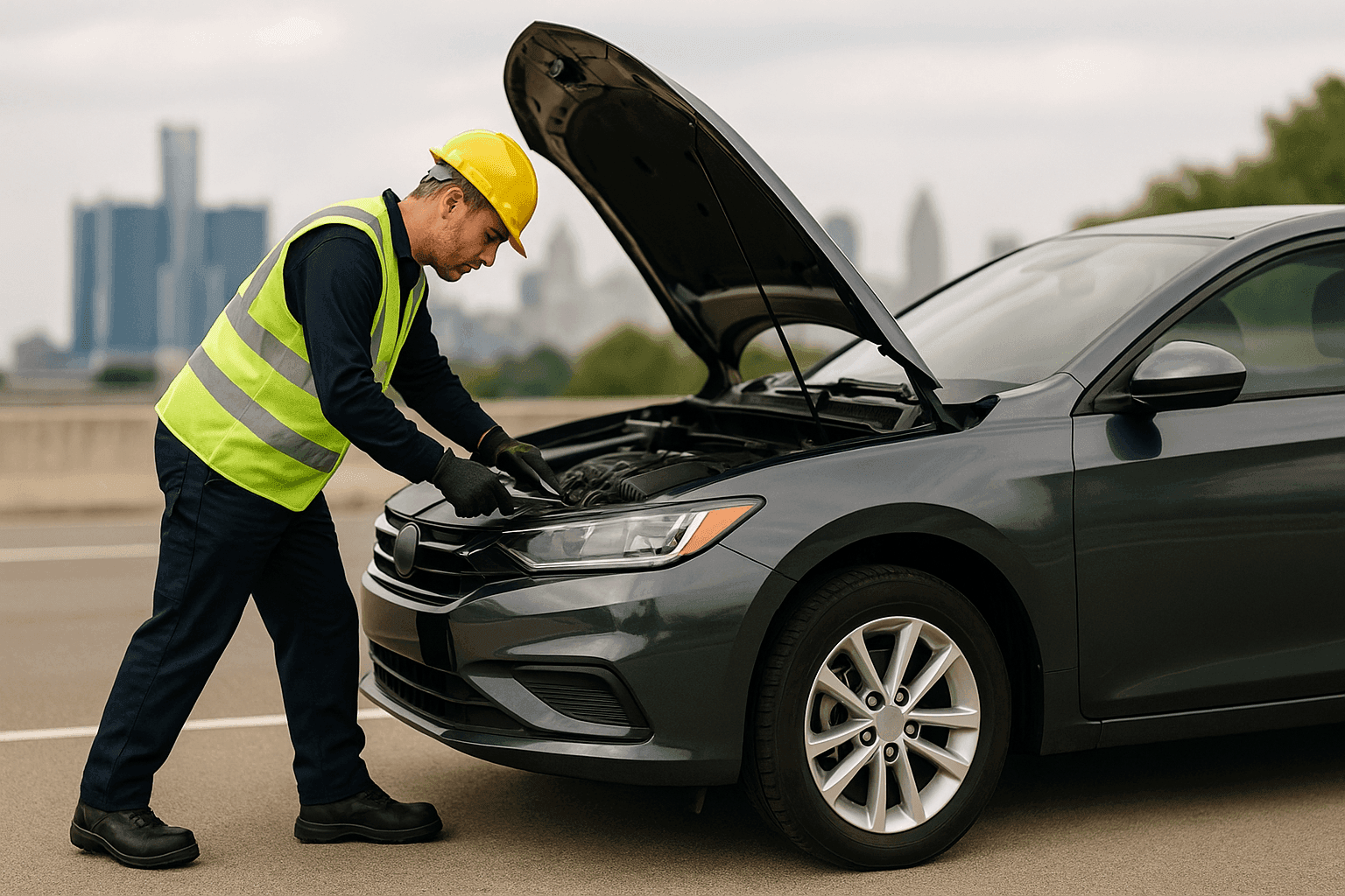 Roadside assistance technician helping stranded driver with car issues