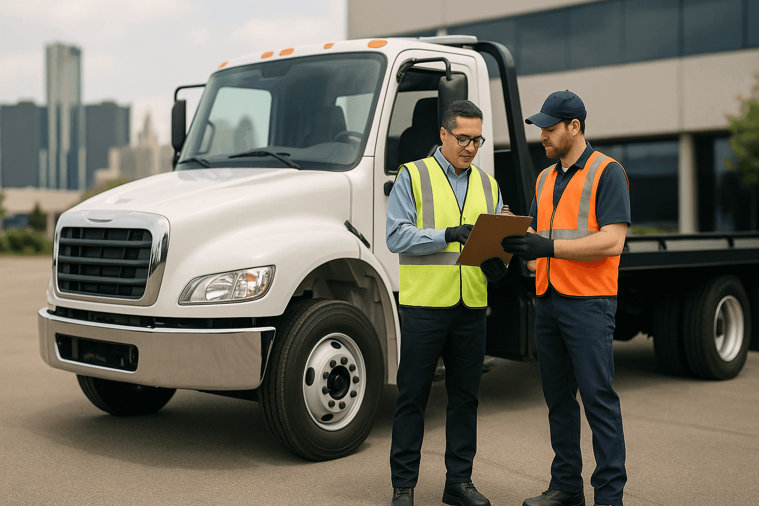 Fleet manager reviewing towing service checklist with tow operator