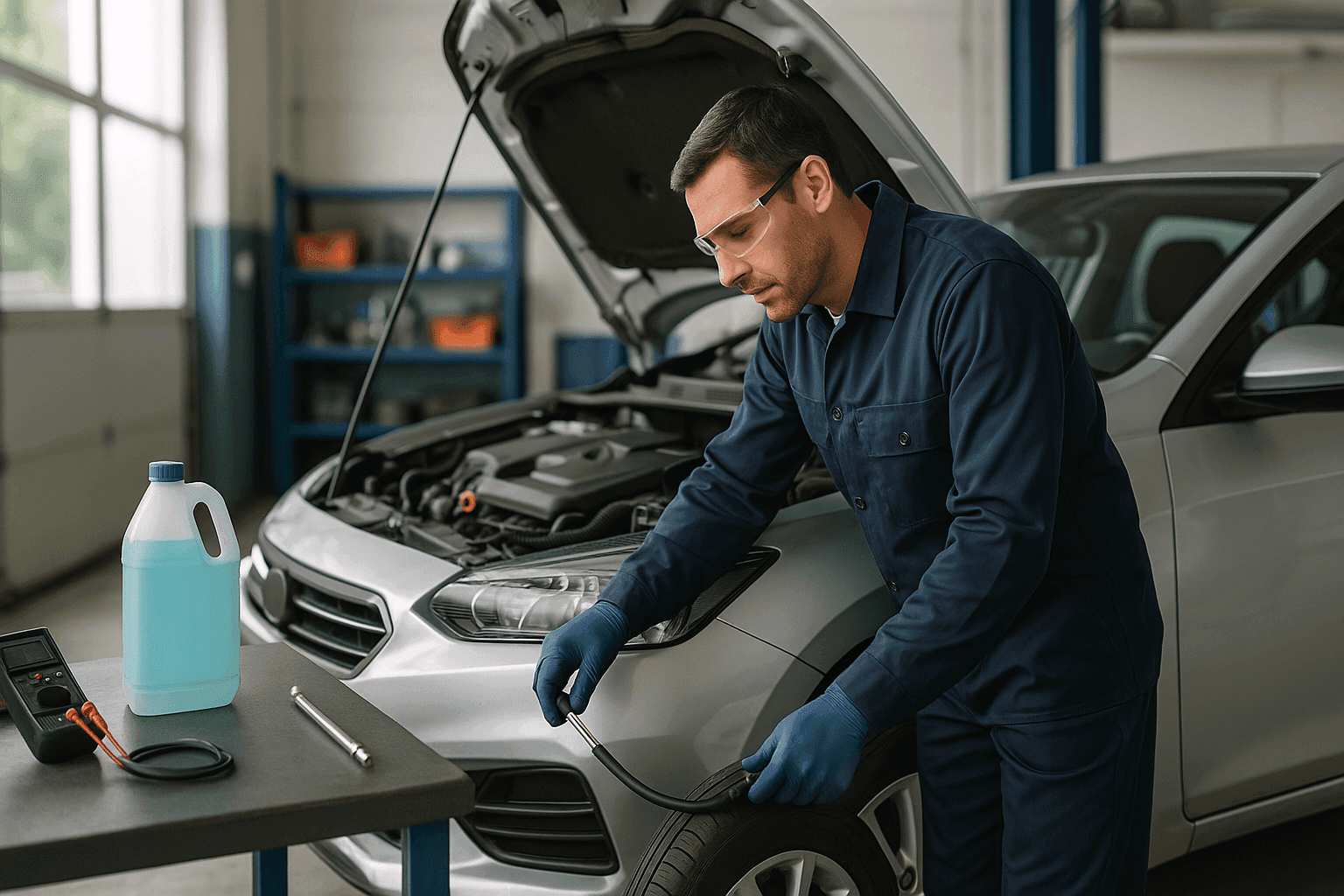 Mechanic performing seasonal vehicle maintenance to prevent breakdowns