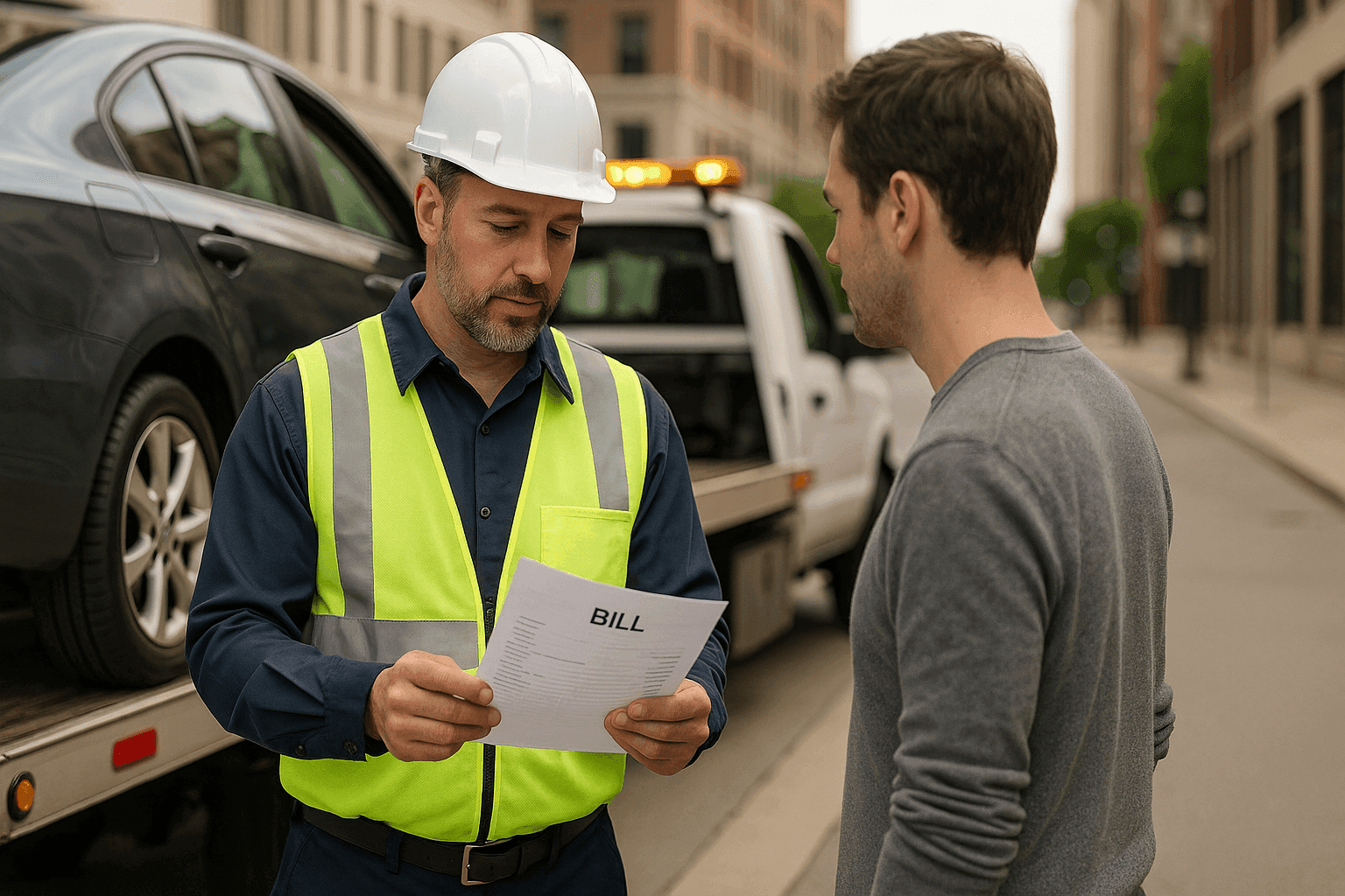 Tow truck operator explaining towing bill to vehicle owner