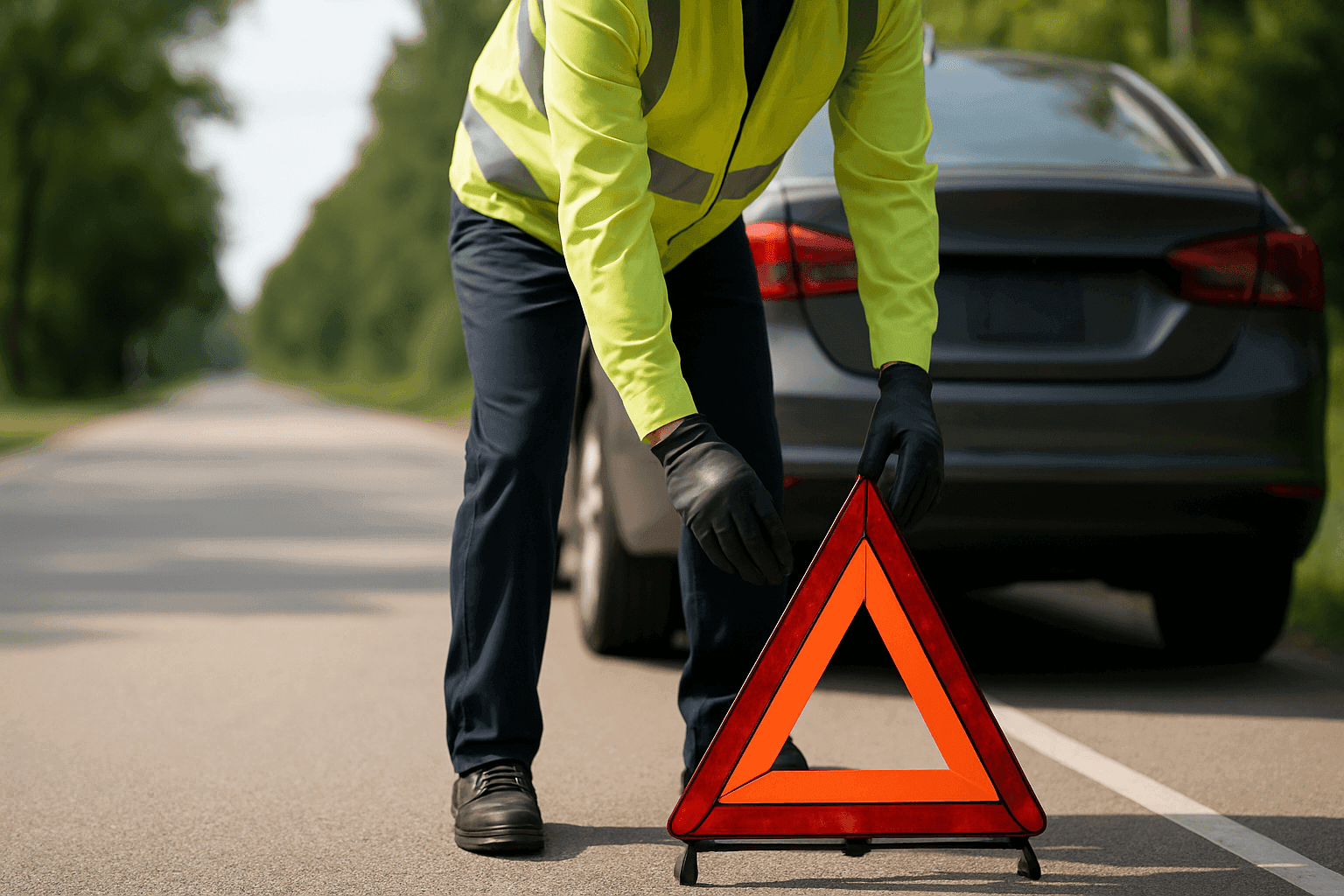 Driver placing roadside warning triangle near car awaiting towing