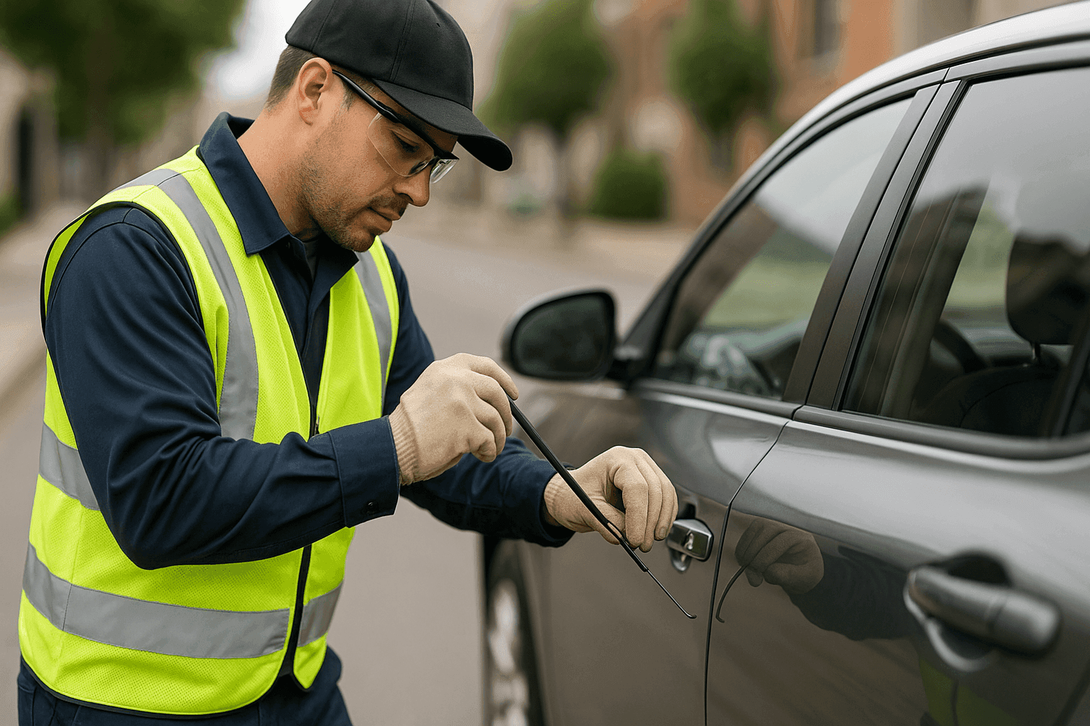 Lockout technician using tools to unlock car door safely